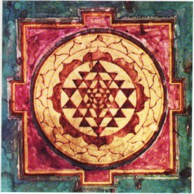Sri Yantra, formed by the interpenetration of two sets of triangles, four, apex upward, representing the male principle and five, apex-downward, representing the female principle. Rajasthan, c. 170