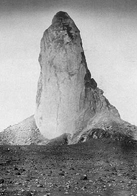 Spire of felsic lava  generated in the waning stages of the 1902 eruption of Mt. Pelée. From Lacroix, A., 1904, La Montagne Pelee et ses eruptions: Paris, Masson et Cie, 622 p.