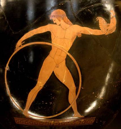Ganymede rolling a hoop and bearing aloft a cockerel - a love gift from Zeus (in pursuit, on obverse of vase). Attic red-figure crater, 500-490 BC; Louvre, Paris)