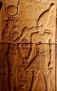 Isis offering-Key of Life Ankh to her son Horus
